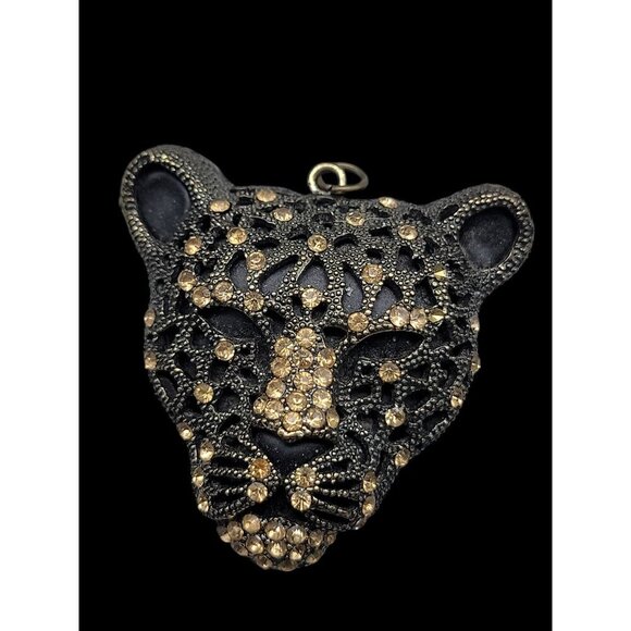Leopard Panther Pendant Black Metal Gold Tone Texture & Rhinestones Stunning - Picture 9 of 13